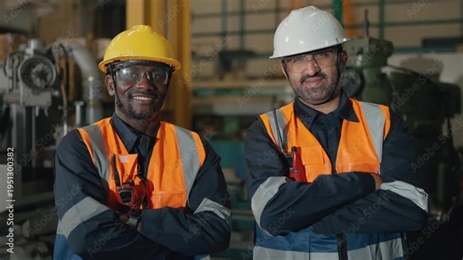 Working Together in a Factory: Two factory workers stand side by side, radiating confidence and experience, embodying the spirit of collaboration within an industrial environment.