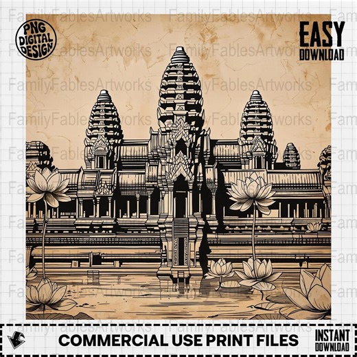 Angkor Wat Illustration: Khmer Temple, Lotus Flower (digital Download) - Etsy