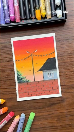 Easy Sunset Village Scenery Drawing with Oil Pastels | Step-by-Step Tutorial