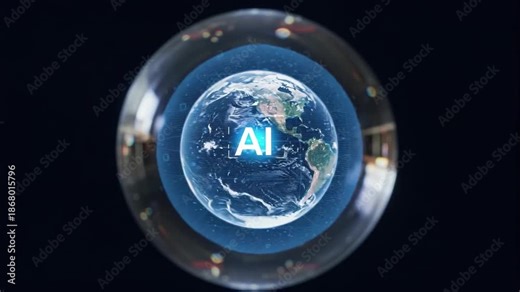 Transparent ball holding realistic Earth model and glowing intelligence abbreviation, image symbolizes worldwide coverage of digital networks and influence on planetary computer processes