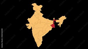 West Bengal map animated video. West Bengal location in India highlighted colour with transparent background in video format. Map animation video.
