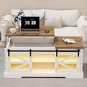 Lift Top Coffee Table with Gun Cabinet, 2 Sliding Barn Doors-Large Storage and 3 Color LED Lights fit Modern Rectangular Rustic Living Room Center Table(White)