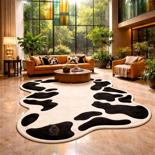 Cow Print Rug | Unique Organic Shape, Black White Plush Carpet