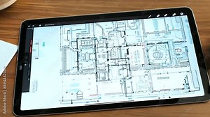 Architectural blueprint displayed on a tablet screen on an office desk. Engineering design draft for construction projects, business tech tools, industrial planning document