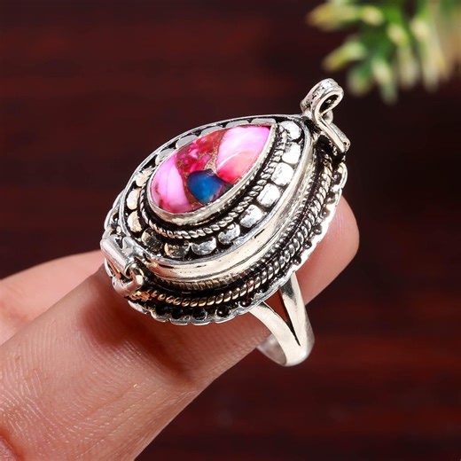 Pink Copper Turquoise Locket Ring : Handmade 925 Sterling Silver Compartment Ring - Etsy