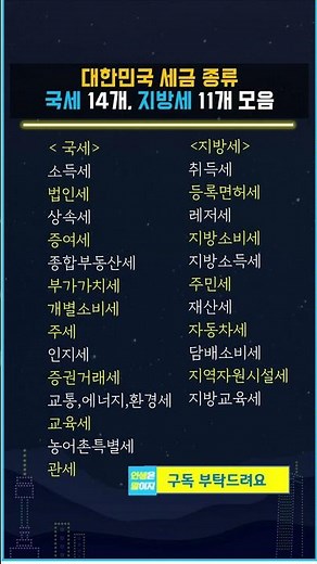 대한민국 세금 종류 국세 14개, 지방세 11개 모음
