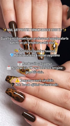 Est. Pınar on Instagram: "✨ NAIL ART PROTEZ TIRNAK SADECE 1000 TL! ✨ Güzelliğinizi tamamlayan profesyonel uygulamalarla bakımlı ve şık tırnaklara sahip olun 💅 🎨 İstediğiniz model ve tasarım 💎 Kaliteli malzeme & uzman uygulama 📅 Randevu ile çalışıyoruz 📩 Randevu için DM veya telefonla iletişime geçebilirsiniz. ⚠️ Kampanya sınırlı sürelidir. 🎓 Not: Tırnak eğitimi verilmektedir."