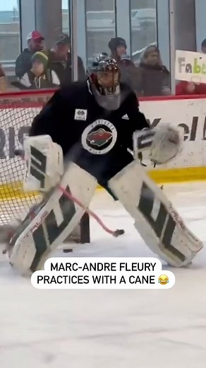 Marc-Andre Fleury is practicing with a cane that Brandon Duhaime put next to the net 🤣 🎥: Michael Russo/X | Sportsnet
