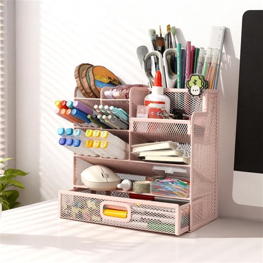 Desktop Organizer with Drawer Multi-Functional Pen & Pencil Holder Mesh Design for Office & Art Supplies Keeps Desk Tidy and Boosts Focus