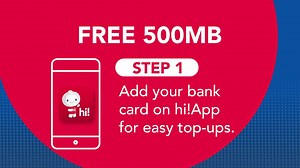 Good news for Singtel Prepaid users – you can now top up in just one click with your NETS ATM bank card on hi!App! With NETS Click, it's fast, easy and secure. Add your bank card on hi!App now and enjoy 500MB FREE! Plus another 500MB FREE with your first NETS Click top-up and 30% bonus FREE with every NETS Click top-up. | Singtel