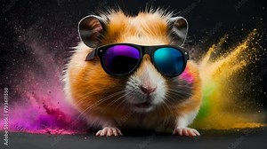 hamster wear sunglasses with color powder explosion background, seamless Animation video background in 4K Resolution