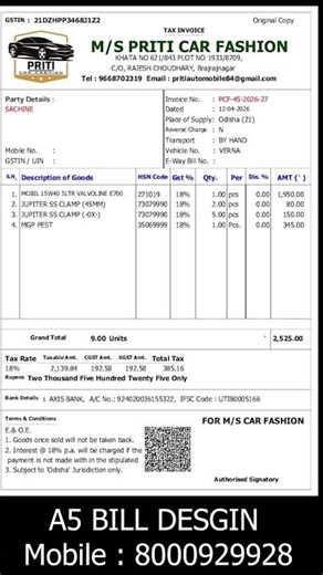 Custom A5 Bill Format in BUSY Accounting Software