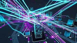 Download Futuristic Digital Cityscape Footage with Vibrant Neon Lights and Motion for free