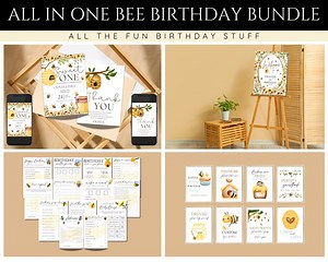 Bee First Birthday Party Bundle, Games, Invitation (Digital File)