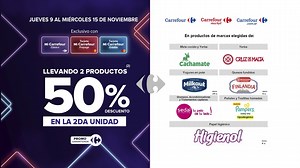 Las mejores promos te esperan en Carrefour 😍 Hasta el miércoles 15 de noviembre, aprovechá: 🔹50% de descuento en la segunda unidad en edulcorantes y tabletas de chocolate con #MiCarrefour Clásico, Prepaga y Crédito. 🍫 🔹50% de descuento con #MiCarrefour Clásico, Prepaga y Crédito en productos de marcas seleccionadas de mate cocido, yerba, yogures en pote, quesos fundidos, shampoo, acondicionadores y tratamientos capilares, pañales, toallitas húmedas y papel higiénico.🧻 🔹$199 x 100 gr de Que