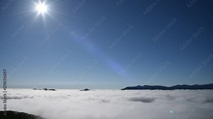 Sea of clouds. Panorama view from Unkai Terrace in summer time sunny day. Take the cable car at Tomamu Hoshino Resort, going up to see the sea of clouds. Shimukappu village, Hokkaido, Japan