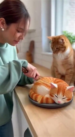 Hyper-Realistic Cat Cake Confuses Real Cat — Viral Moment
