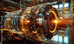 Transparent Jet Engine with Glowing Lights in a Factory