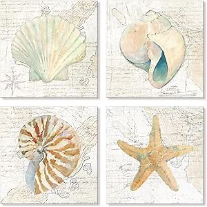 Seashell Bathroom Decor Cream Color Seashell Starfish Canvas Wall Art Nautical Decor Coastal Prints with Vinatge Map Wall Art For Bedroom Livingroom Kitchen12x12Inchx4pcs