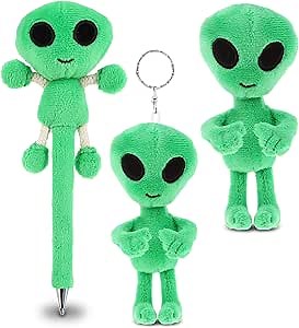 DolliBu Alien Plush Set - Green, Cute, Novelty Plush Accessories - Pen, Magnet, Keychain - 3 Pieces, Polyester