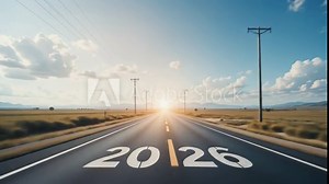 An open road with a '2026' sign symbolizes future planning, business growth, and renewed motivation. 4k video