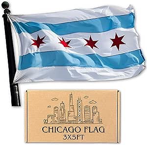Chicago Flag - 3X5 Foot Outdoor Nylon Banner with Embroidered Stars Double Stitched Sewn Stripes, Brass grommets and Vibrant UV Protected Color - Decal Included