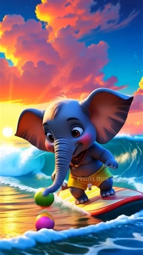 "Surfing Elephant Juggles Balls at Sunset 🌊🐘✨" #ganesh #sunset #shorts