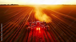 High-tech agricultural robot working in a field at sunset, creating precise furrows in the soil.