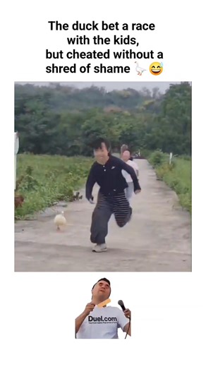 @memesrelatablelife.vibe | The video depicts a white duck racing barefoot children along a grassy path in a rural setting, briefly flying ahead to overtake them... | Instagram