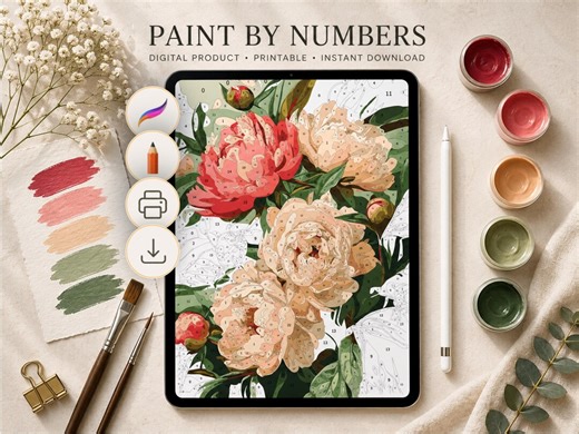 Peony Color by Numbers Printable Art, Vintage Floral Coloring Page (digital Download) - Etsy