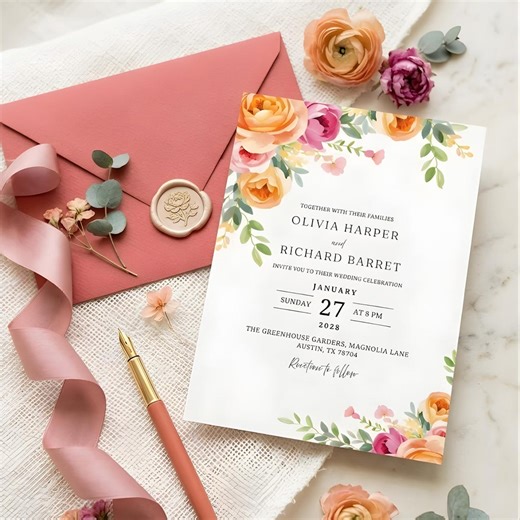 Peach Pink Yellow Floral Wedding Invitation Template, Colorful Spring Summer Wedding 5x7" Invite, Bright Garden Wedding Canva Editable - Etsy
