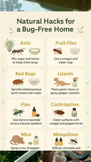 No harsh chemicals needed — nature provides powerful pest control. 🐜 Ants: Mix sugar and borax. 🍎 Fruit Flies: Vinegar water trap. 🪳 Cockroaches: Clean with vinegar and peppermint oil. 🪰 Flies: Clove or lavender oil spray. 🪲 Bed Bugs: Sprinkle diatomaceous earth. 🦎 Lizards: Garlic or pepper spray deterrent. 🐭 Mice: Peppermint oil mist. 🦟 Mosquitoes: Diffuse citronella or lemongrass. Natural, affordable, and safe for families — smart living made simple. #EverydayGenius #EcoHacks #HomeCare