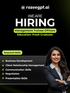 🚨 Hiring Alert! We’re looking for passionate Management Trainee Officers in Karachi, Lahore, and Islamabad to join our growing team. If you’re eager to kickstart your career in AI-powered SaaS sales, this is your chance! 🔗 Apply now: https://rozeegpt.ai/rozee-management-trainee-officer-mto-b2b-7650 | ROZEE.PK - Pakistan's #1 Job Website