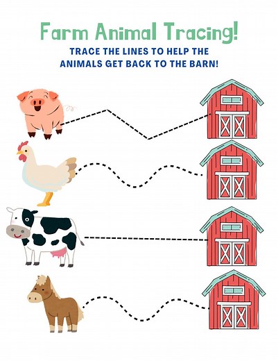 Farm Animal Preschool Tracing Worksheet! Help the Animals Get to the Barn! - Etsy