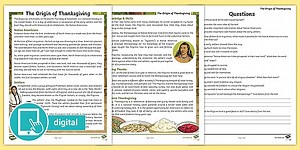 Fifth Grade The Origin of Thanksgiving Reading Comprehension Activity