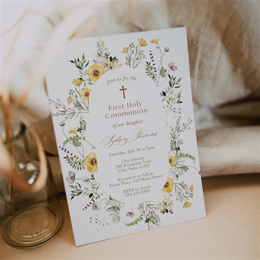 First Communion Printable Invitation, Delicate Yellow Wildflowers, Printable Template, INSTANT DOWNLOAD