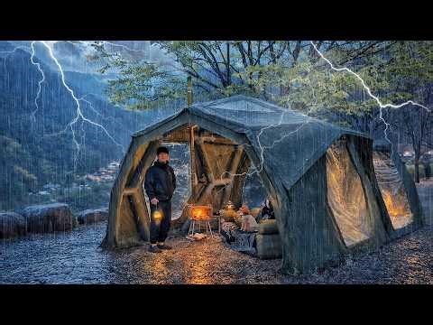 Camping in Heavy Rain with My Dog . 2-Room Inflatable Tent . Sound of Rain ASMR