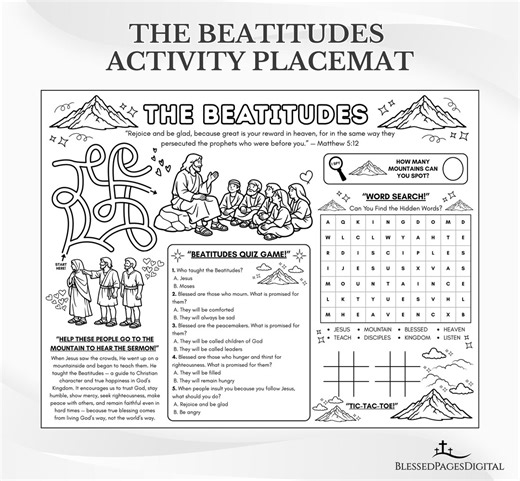 The Beatitudes Bible Activity Placemat: Sunday School Coloring Page (PDF Download) - Etsy