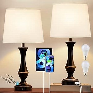 Seealle Upgraded Touch Lamps for Bedrooms Set of 2 - Nightstand Table Lamp with USB C+A, 3 Way Dimmable Lamps for Living Room, Office(White)