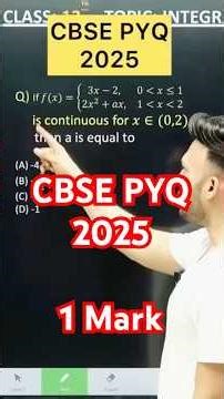 Q) If 𝑓(𝑥)={(3𝑥−2, 0𝑥1 2𝑥^2+𝑎𝑥,1𝑥2) is continuous for 𝑥∈(0,2), then a is equal to#cbse2026
