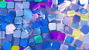 A dynamic 3D animation of colorful magnetic particles smoothly flying and assembling into a unified plane. The particles collide and interact, creating stunning reflections and sparkle for a visually