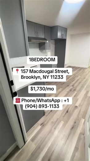 This beautifully renovated 1-bedroom, 1-bath apartment on a quiet residential block in Ocean Hill. Features a modern open layout with clean, contemporary finishes throughout. The kitchen offers sleek gray cabinetry, stainless steel appliances, stone countertops, and a full-size gas range, opening into a spacious living and dining area that comfortably fits a table and seating. Wide-plank flooring and recessed lighting enhance the bright, modern feel of the space. #brooklynapartments #brooklyn #n