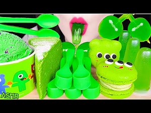 ASMR GREEN FOODS *ICE CREAM, EDIBLE SPOON, GREEN TEA CREPE CAKE, JELLY 먹는숟가락, 아이스크림 먹방 JANE ASMR 제인
