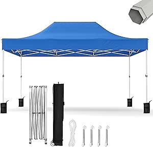 10x15ft Patio Easy Setup Pop Up Canopy Commercial Heavy Duty, Canopy Tent for Outdoor Events Instant Portable Shelter, 1 Roller Bag, 4 Sandbags, 8 Stakes, 4 Ropes, 5 Spare Screws, Blue