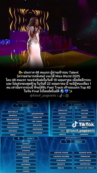 📣 Here are the Top 48 finalists (including all continents) for the talent challenge at the 72nd Miss World Festival Top 48 finalists came from the 1st round of auditions. So they will continue to compete in the 2nd round of talent which is held on 19 May (tomorrow) and make a cut in the finalists for the talent final round on 22 May. Only the 1 winner from this round will get a fast track to place in the 40 finalists of the 72nd Miss World Festival 🌎🎤❤️‍🔥 #MissWorld #72ndmissworld #MissWorld