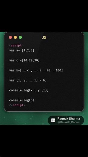 html | Java | Python | C++ | Web Dev | Full-Stack | js on Instagram: "Stop writing long array merging logic when JavaScript ES6 can do it in one clean and powerful line. Spread operator and destructuring make your code modern, readable, and developer-friendly while improving efficiency and reducing unnecessary loops. If you want to write smart JavaScript like professional developers and level up your frontend and MERN skills, start mastering ES6 features today. Follow for more powerful JavaScrip