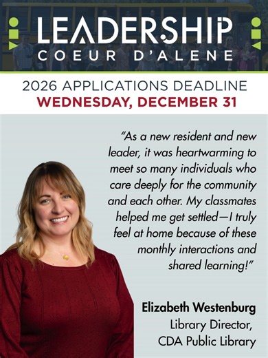 Leadership CDA Applications Are Closing! | Wednesday, December 31, 2025 New to the area? Been here awhile and stepping into a leadership role? Curious about what makes Coeur d’Alene thrive? Leadership CDA gives you a front-row seat to the heartbeat of our region—connecting you with leaders, collaborators, and community champions who are shaping North Idaho’s future. 🚀 Don’t miss your chance to be part of the next class. 👉 Apply now and get connected! https://bit.ly/4qv6d6C #LeadershipCDA #Comm