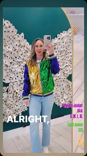🤩 Having lots of FUN with this outfit! 🤩 $44 Sequins Jacket (Also have in kids) $20 Shake your booties tee $78 light denim ⭐️ hands down the. Most. Comfy. Jeans. Ever! I promise! Also comes in dark denim, black and white. *size down in light and dark denim, True to size for white and black All of three are IN STOCK at @thethreadedoyster | The Squad Boutique