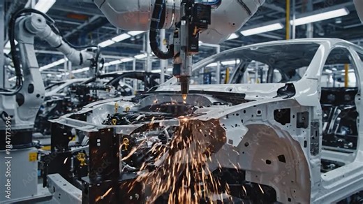 Automated robot welding car body frame in modern production facility
