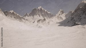 winter scene, snowy mountains, with snow falling, 3D animation, animated scene, still camera